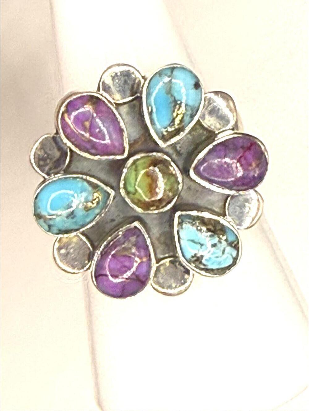 Sterling Silver "Purple Dahlia Flower" Turquoise Cluster Adjustable Ring